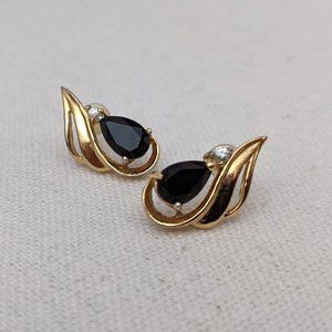 Vintage Gold Drop Earrings w/ Black Rhinestones